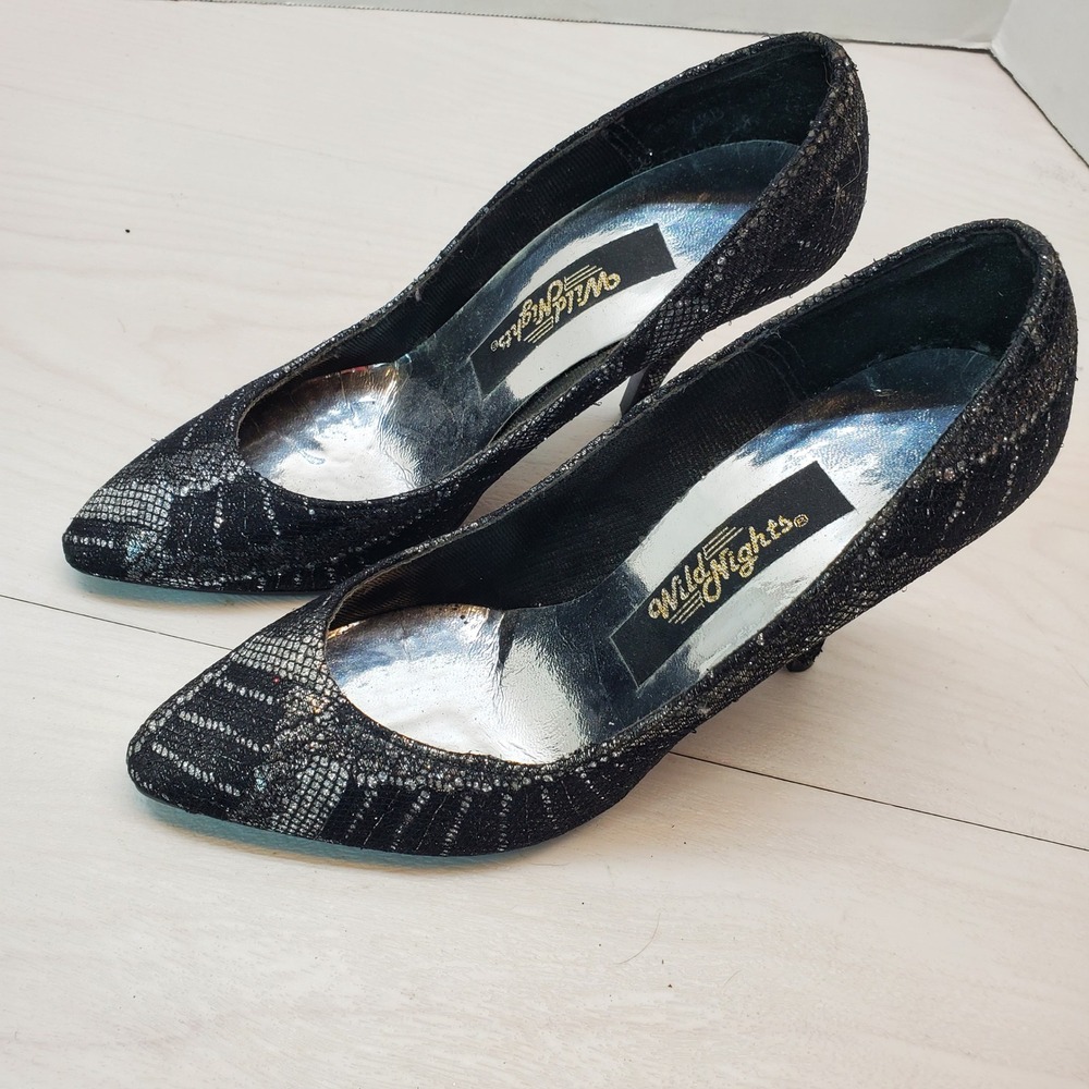 Wild Nights Womens Black Silver Metallic Lace Pointed Toe Stiletto Pumps Size 7B